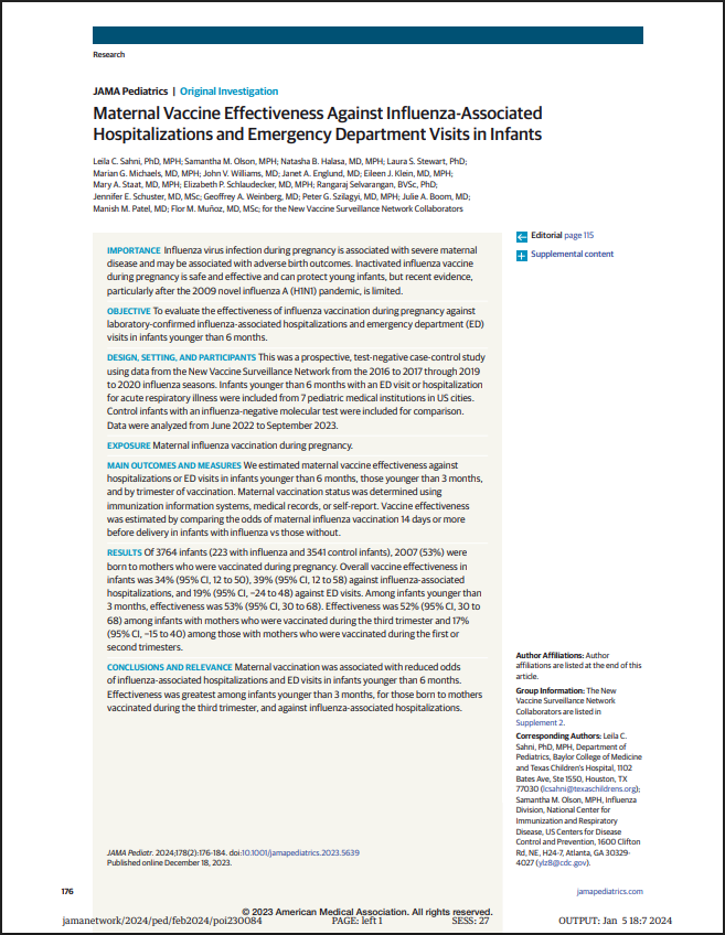 Maternal Vaccine Effectiveness Against Influenza-Associated Hospitalizations and Emergency Department Visits in Infants